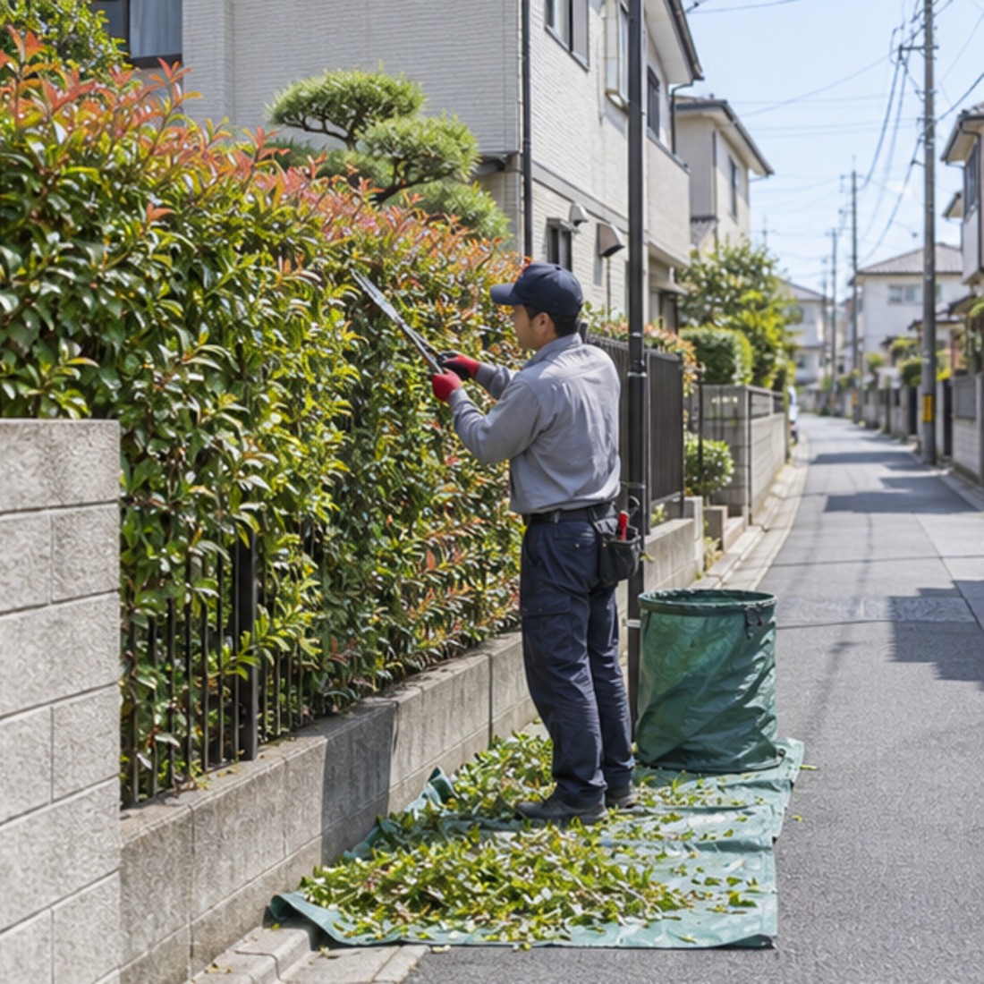 Corte de cerca-viva em rua residencial japonesa