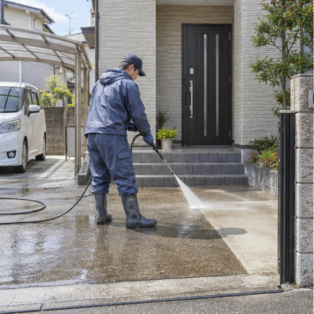 Lavagem de entrada e estacionamento de casa japonesa