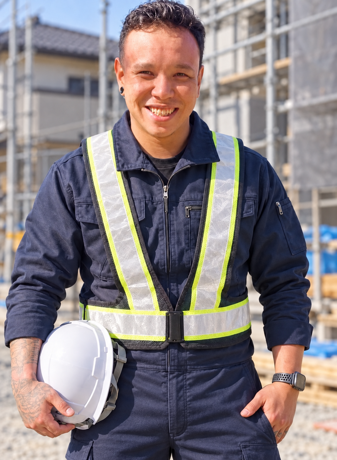 Nicolas com uniforme de trabalho em obra no Japão